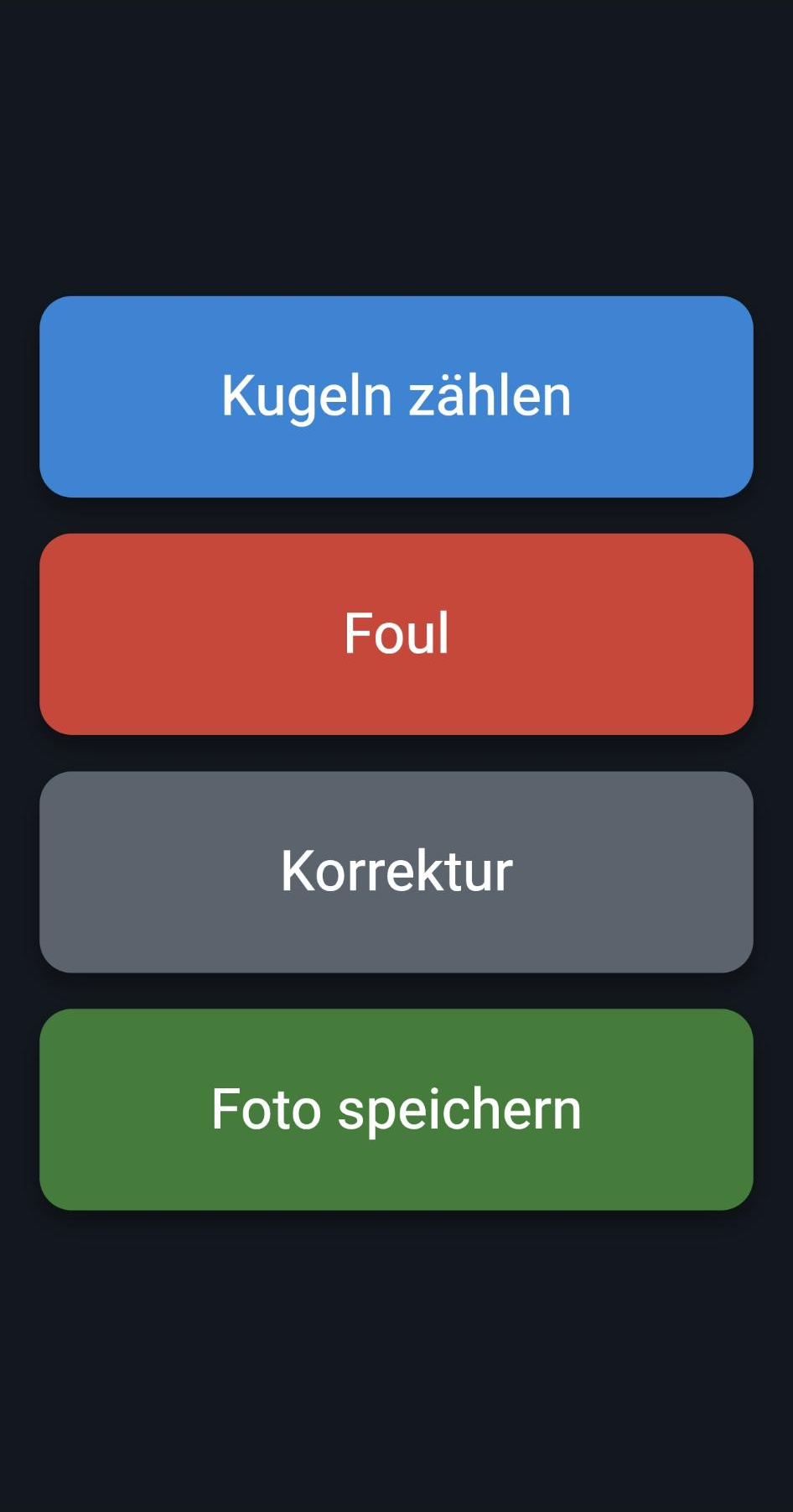 Original-Oberfläche der TylApp-Smartphone-Fernbedienung: Buttons für Kugeln zählen, Foul, Korrektur und Foto speichern, per QR-Code mit dem Tisch verbunden