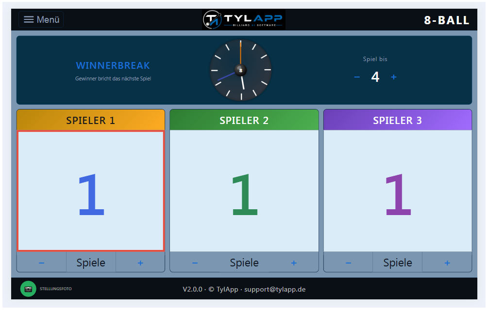 Original-Anzeige des TylApp-Scoreboards: 8-Ball mit drei Spielern und Winnerbreak-Gewinnerwartung