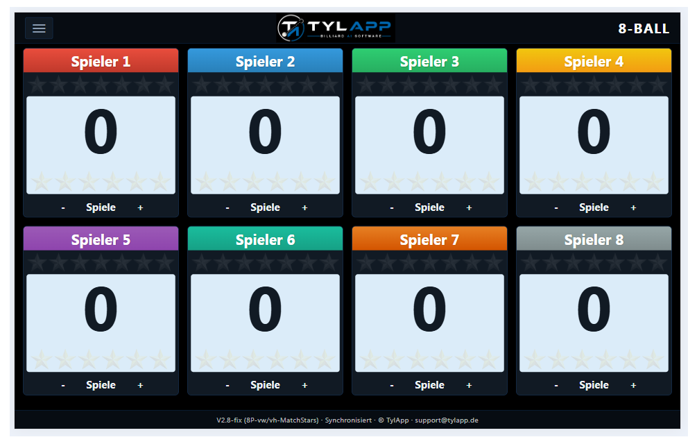 Original-Anzeige des TylApp-Scoreboards: 8-Ball mit acht Spielern, synchron über mehrere Tische
