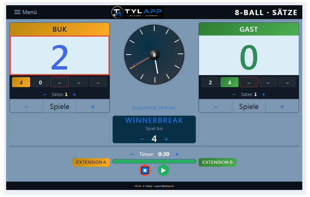 Original-Anzeige des TylApp-Scoreboards: 8-Ball auf Sätze mit Satzstand beider Spieler