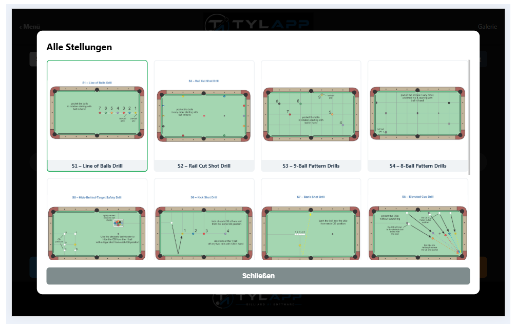 Original-Oberfläche: Übersicht aller TylApp-Trainingsstellungen als Diagramm-Galerie im Tablet