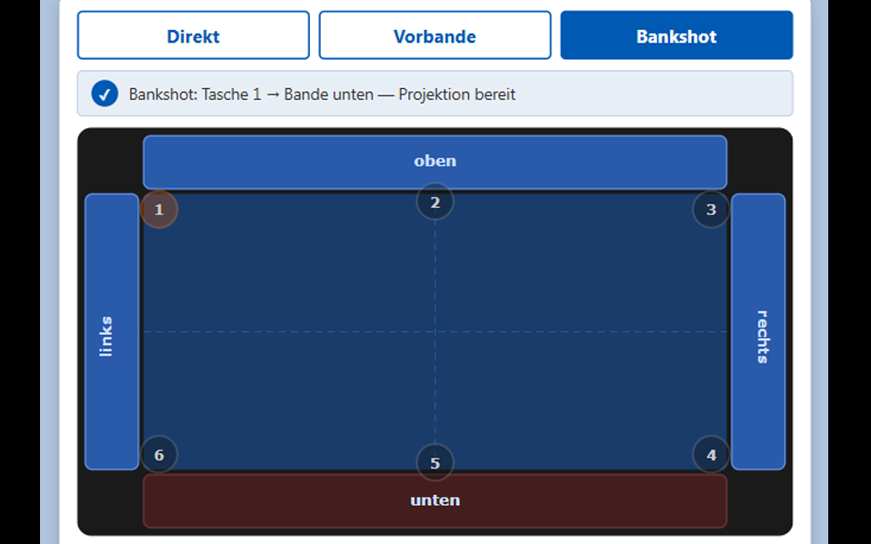 Original-Oberfläche des TylApp-Trainingscenters: Auswahl von Direkt-, Vorband- und Bankshot-Training sowie der sechs Taschen an einem Tischgrundriss