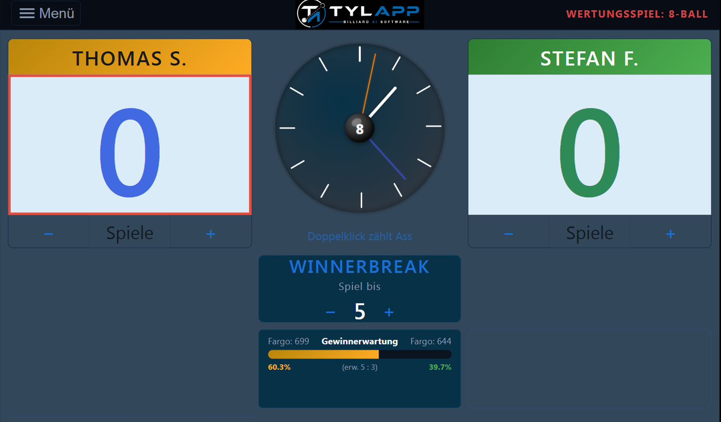 Original-Anzeige des TylApp-Scoreboards: Wertungsspiel 8-Ball mit Spielernamen, Punktestand, analoger Uhr mit Ass-Zählung und der Winnerbreak-Gewinnerwartung
